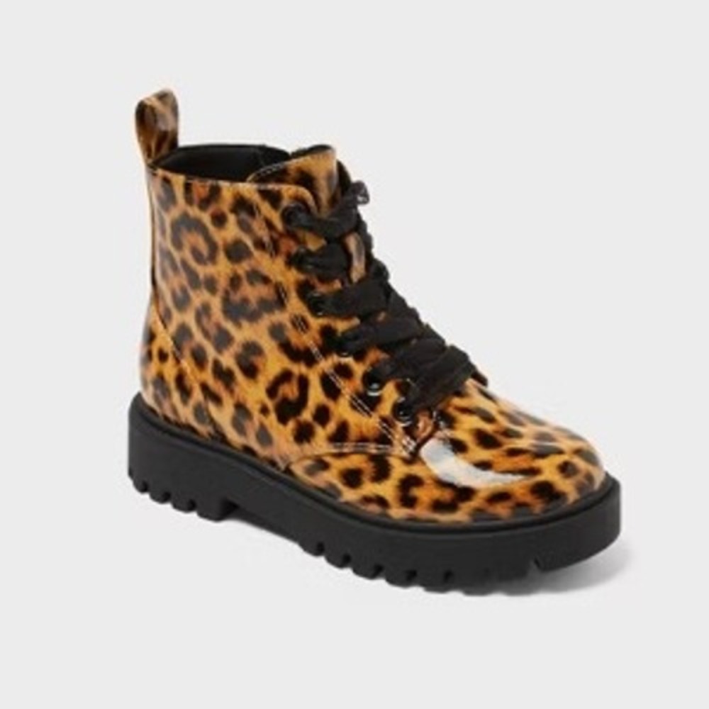 Art Class Girls Leopard Print Patent Combat Boots Brown‎ Black Size 5 NEW